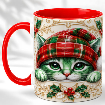 Christmas Cat Coffee Mug, Tartan Hat Mug, Ceramic Cup