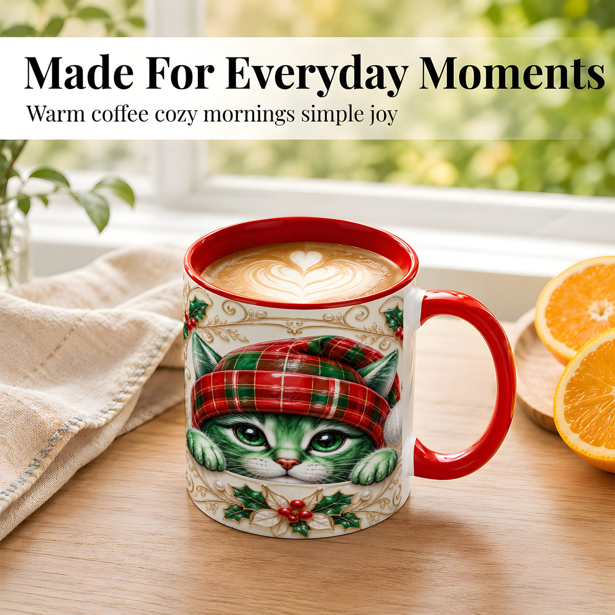 #pl[11oz|Red] Christmas Cat Coffee Mug, Tartan Hat Mug, Ceramic Cup