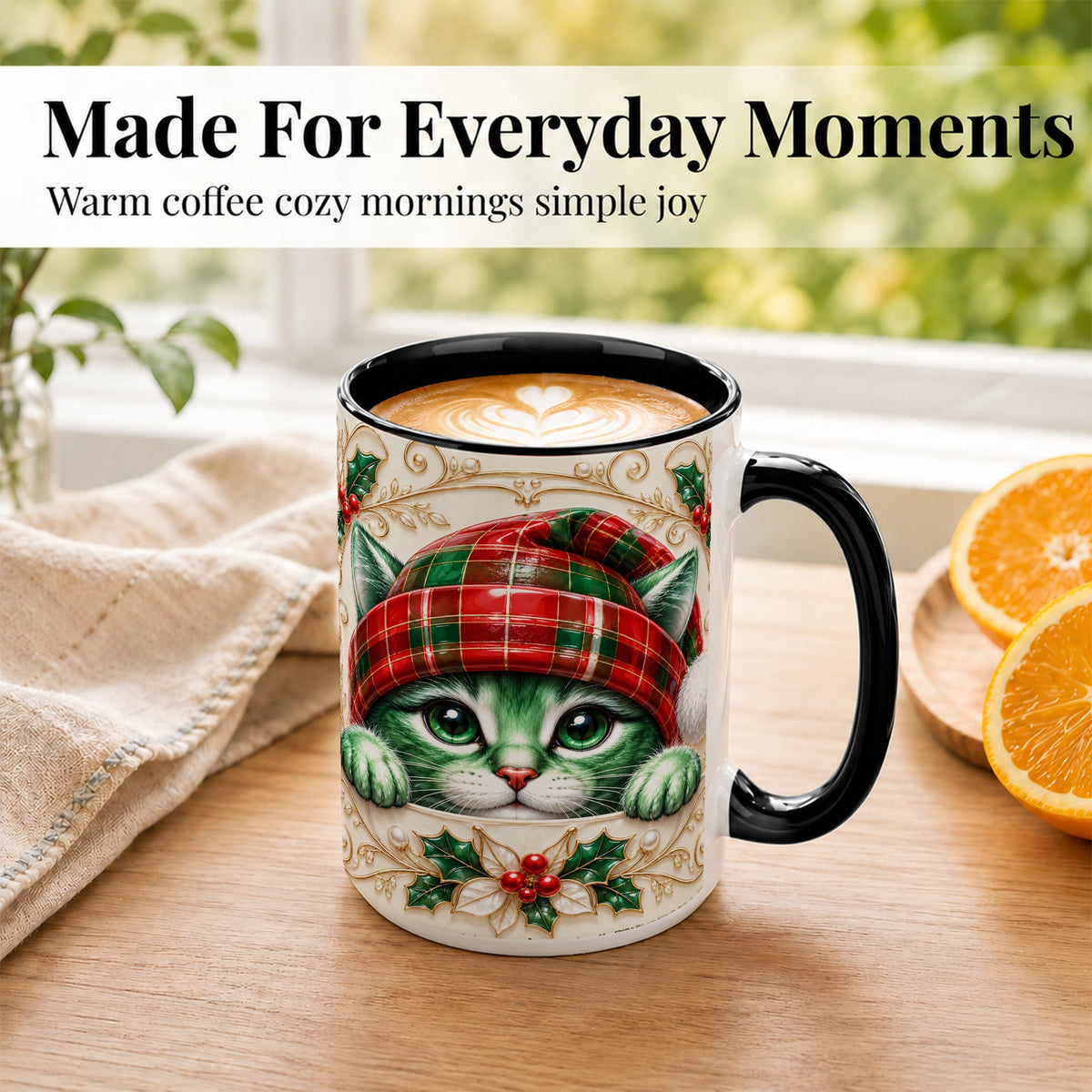 #pl[15oz|Black] Christmas Cat Coffee Mug, Tartan Hat Mug, Ceramic Cup