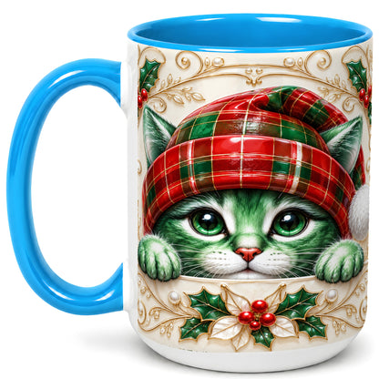 #pl[15oz|Blue] Christmas Cat Coffee Mug, Tartan Hat Mug, Ceramic Cup
