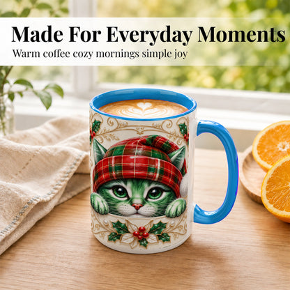 #pl[15oz|Blue] Christmas Cat Coffee Mug, Tartan Hat Mug, Ceramic Cup