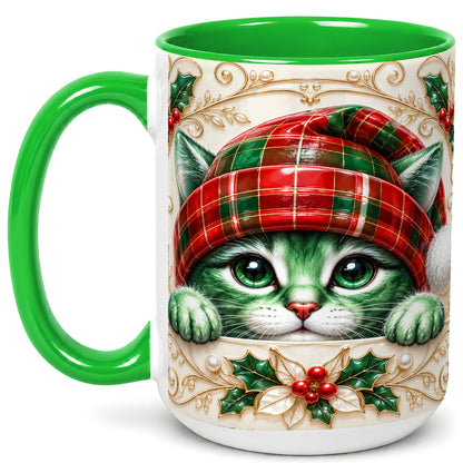 #pl[15oz|Green] Christmas Cat Coffee Mug, Tartan Hat Mug, Ceramic Cup