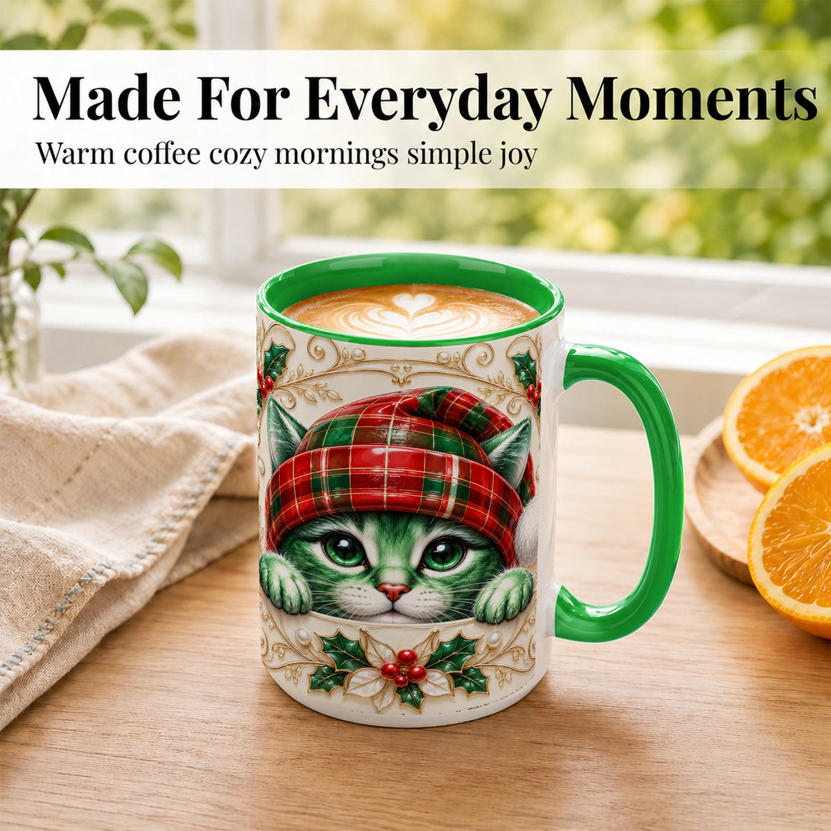 #pl[15oz|Green] Christmas Cat Coffee Mug, Tartan Hat Mug, Ceramic Cup