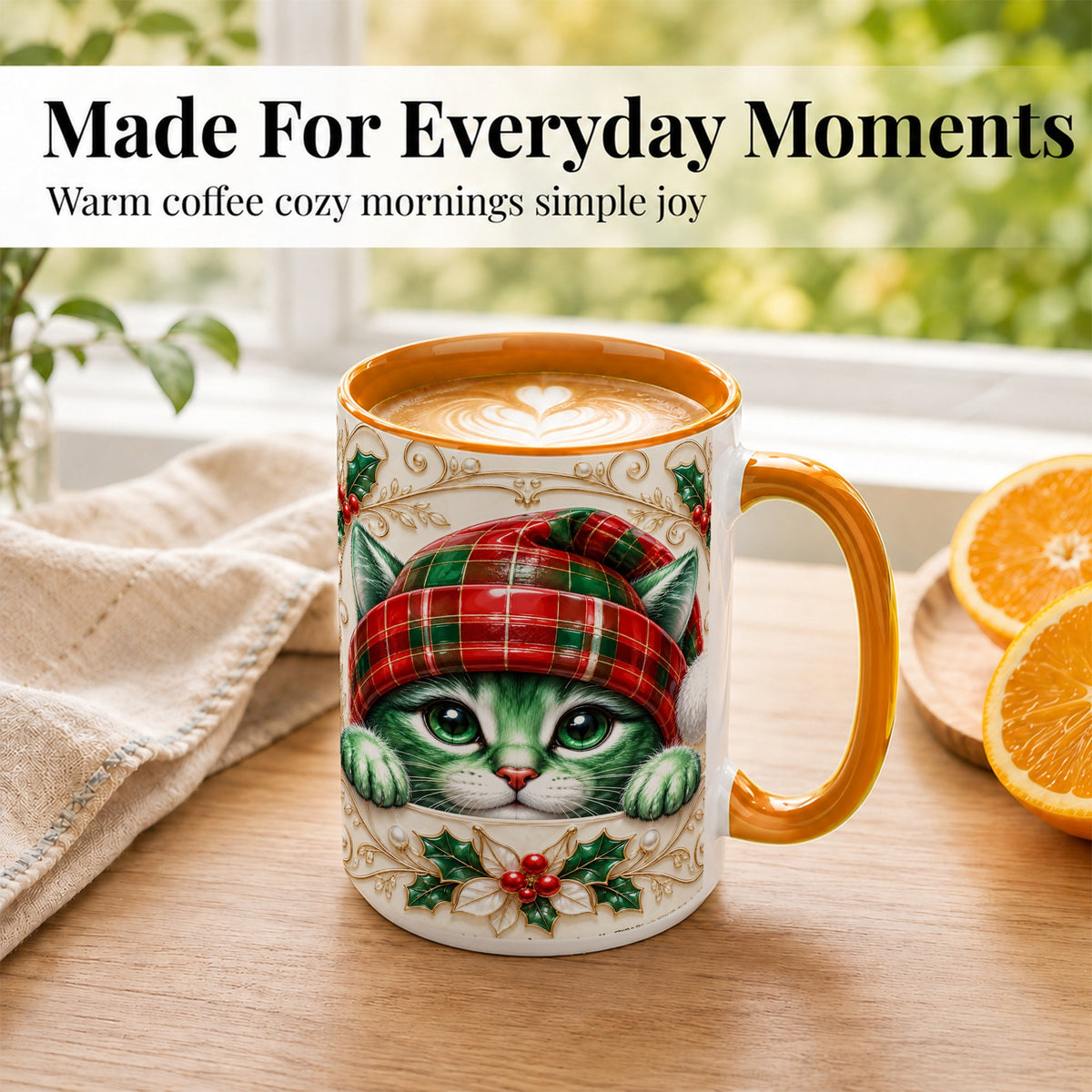 #pl[15oz|Orange] Christmas Cat Coffee Mug, Tartan Hat Mug, Ceramic Cup