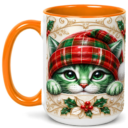 #pl[15oz|Orange] Christmas Cat Coffee Mug, Tartan Hat Mug, Ceramic Cup