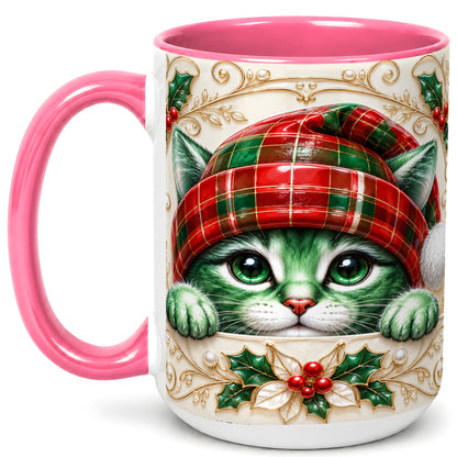 #pl[15oz|Pink] Christmas Cat Coffee Mug, Tartan Hat Mug, Ceramic Cup