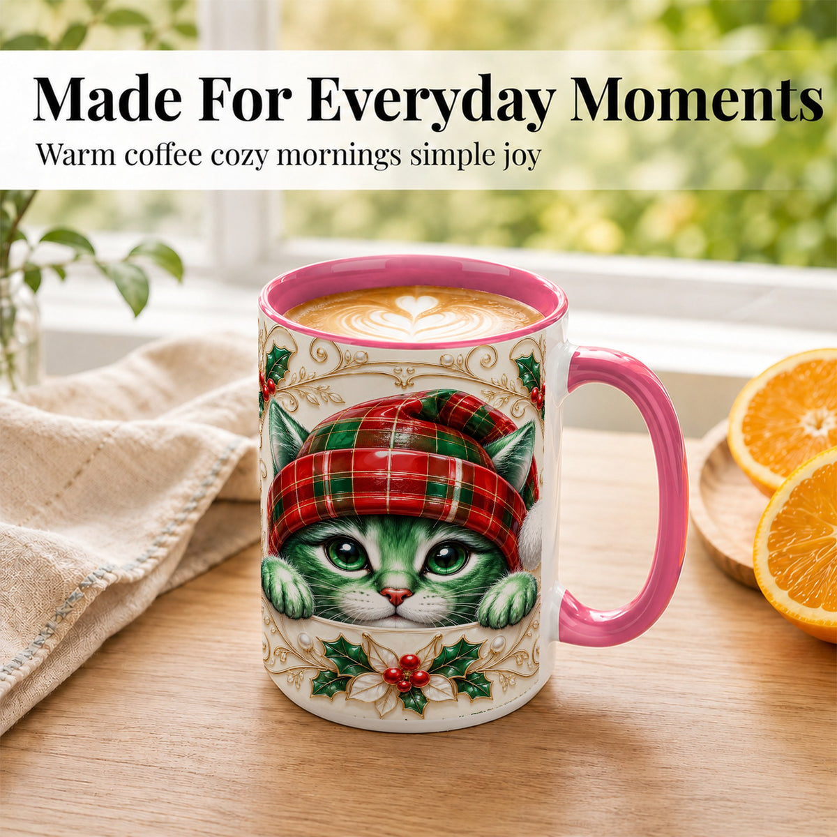 #pl[15oz|Pink] Christmas Cat Coffee Mug, Tartan Hat Mug, Ceramic Cup