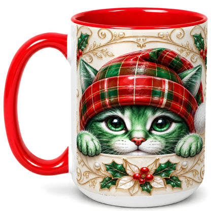 #pl[15oz|Red] Christmas Cat Coffee Mug, Tartan Hat Mug, Ceramic Cup