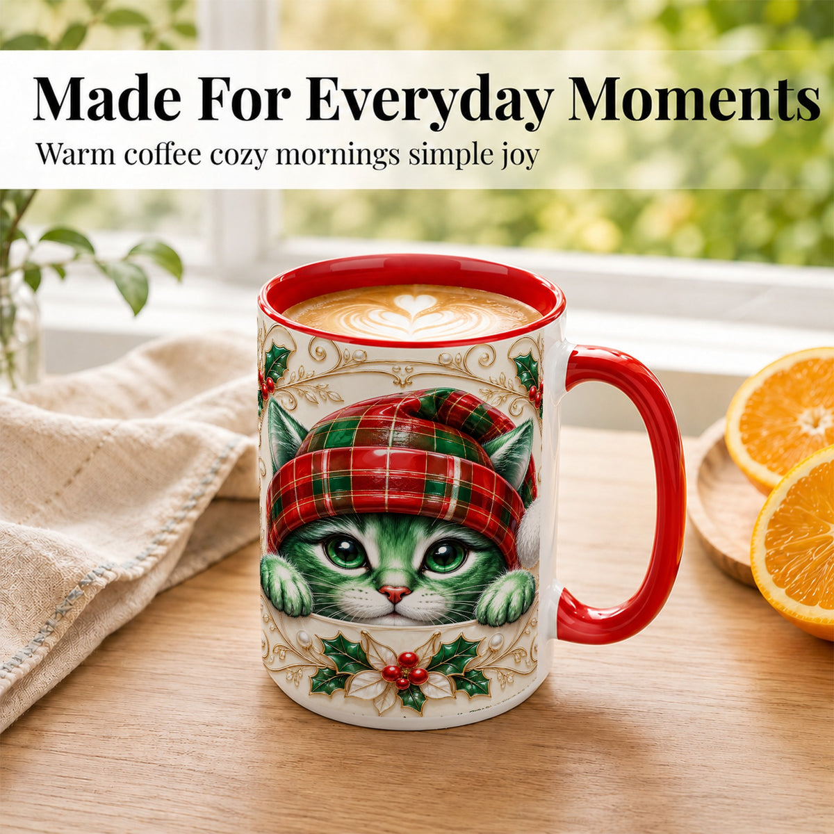 #pl[15oz|Red] Christmas Cat Coffee Mug, Tartan Hat Mug, Ceramic Cup