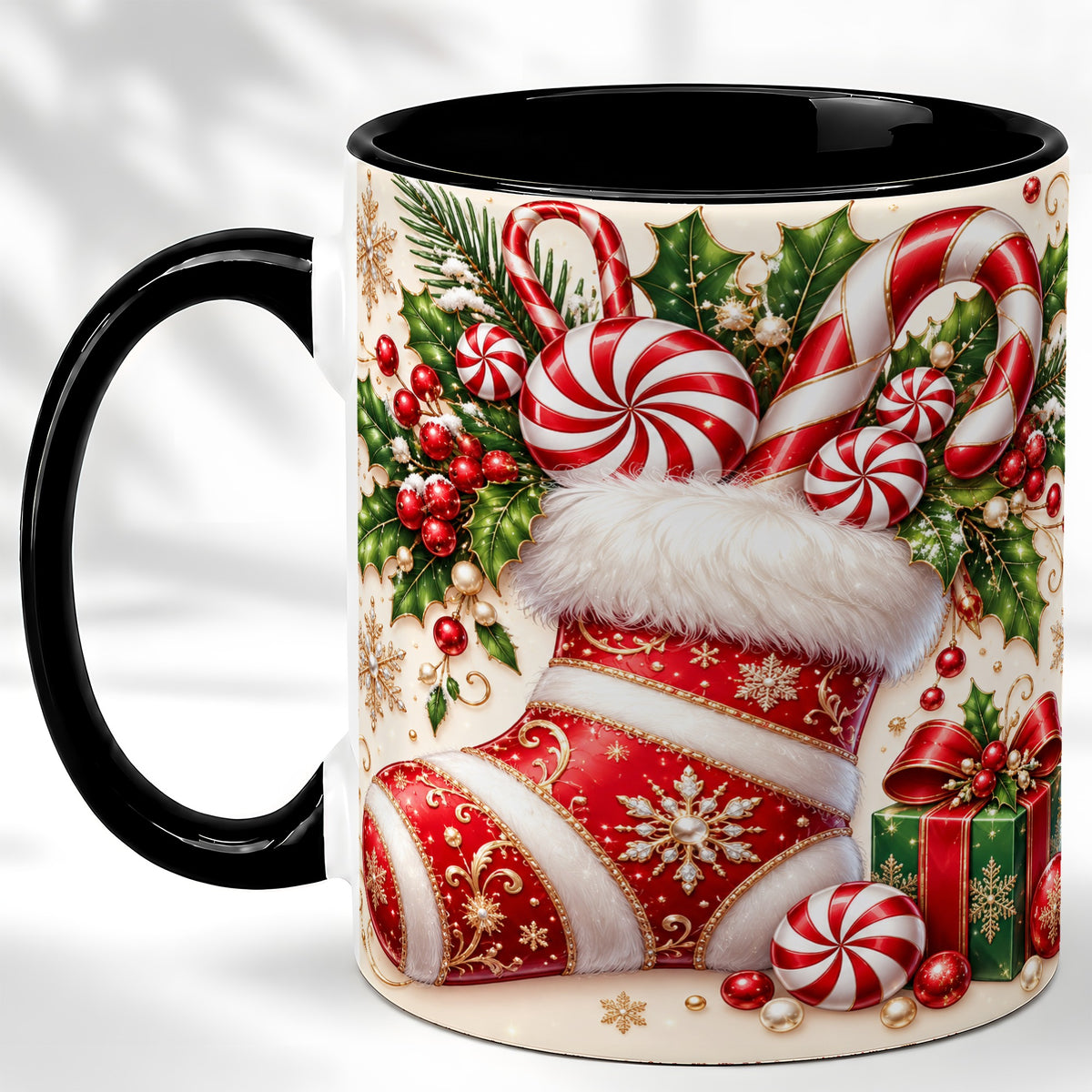 #pl[11oz|Black] Christmas Stocking Coffee Mug, Candy Cane Mug, Ceramic Cup
