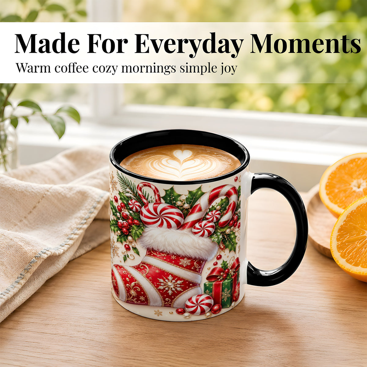 #pl[11oz|Black] Christmas Stocking Coffee Mug, Candy Cane Mug, Ceramic Cup