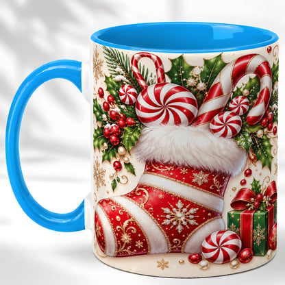 #pl[11oz|Blue] Christmas Stocking Coffee Mug, Candy Cane Mug, Ceramic Cup