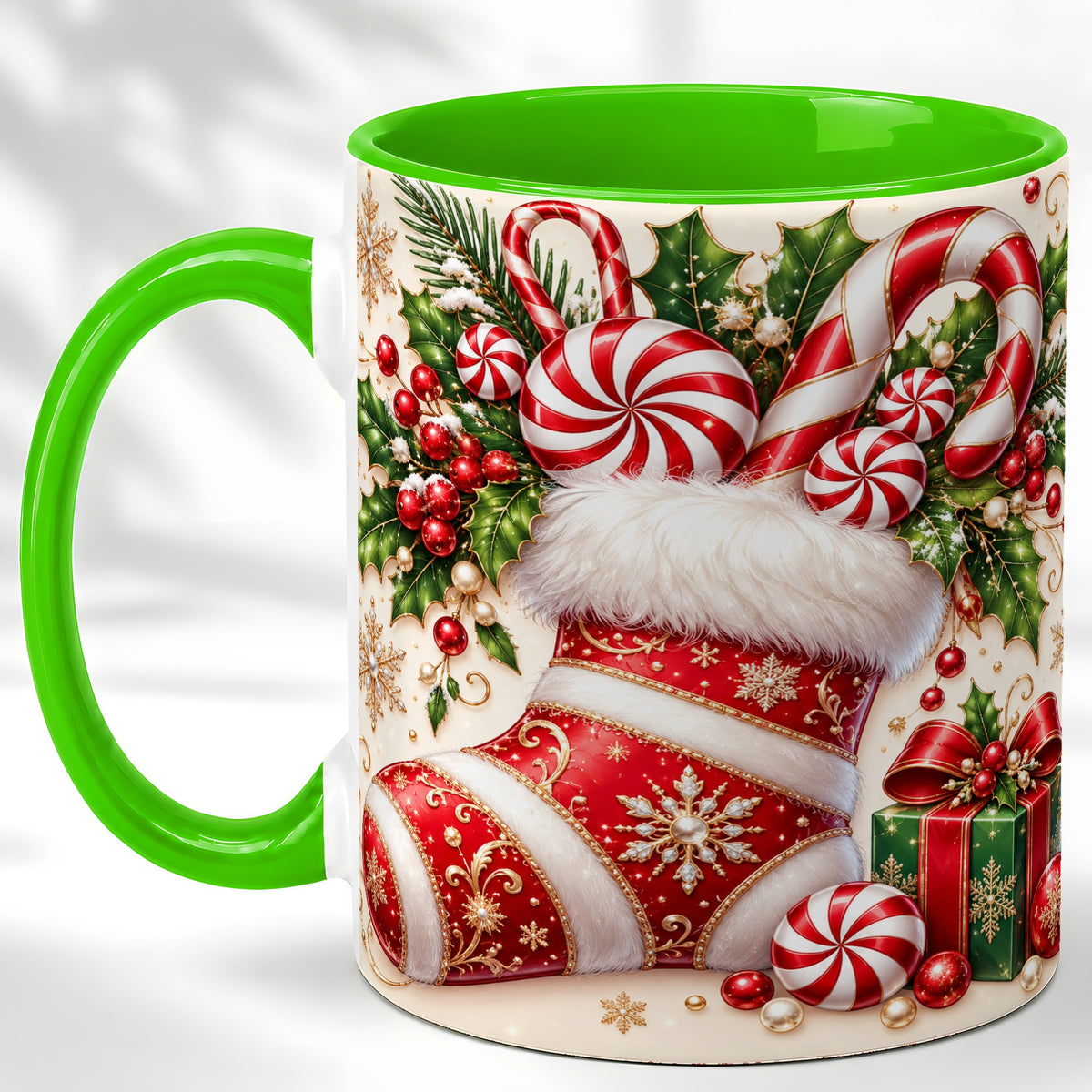 #pl[11oz|Green] Christmas Stocking Coffee Mug, Candy Cane Mug, Ceramic Cup