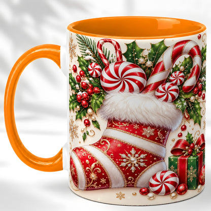 #pl[11oz|Orange] Christmas Stocking Coffee Mug, Candy Cane Mug, Ceramic Cup