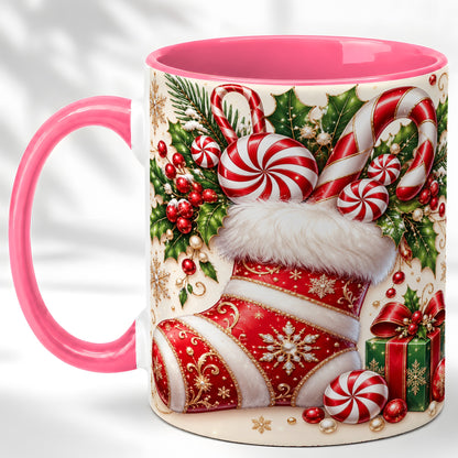 #pl[11oz|Pink] Christmas Stocking Coffee Mug, Candy Cane Mug, Ceramic Cup