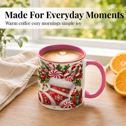 #pl[11oz|Pink] Christmas Stocking Coffee Mug, Candy Cane Mug, Ceramic Cup