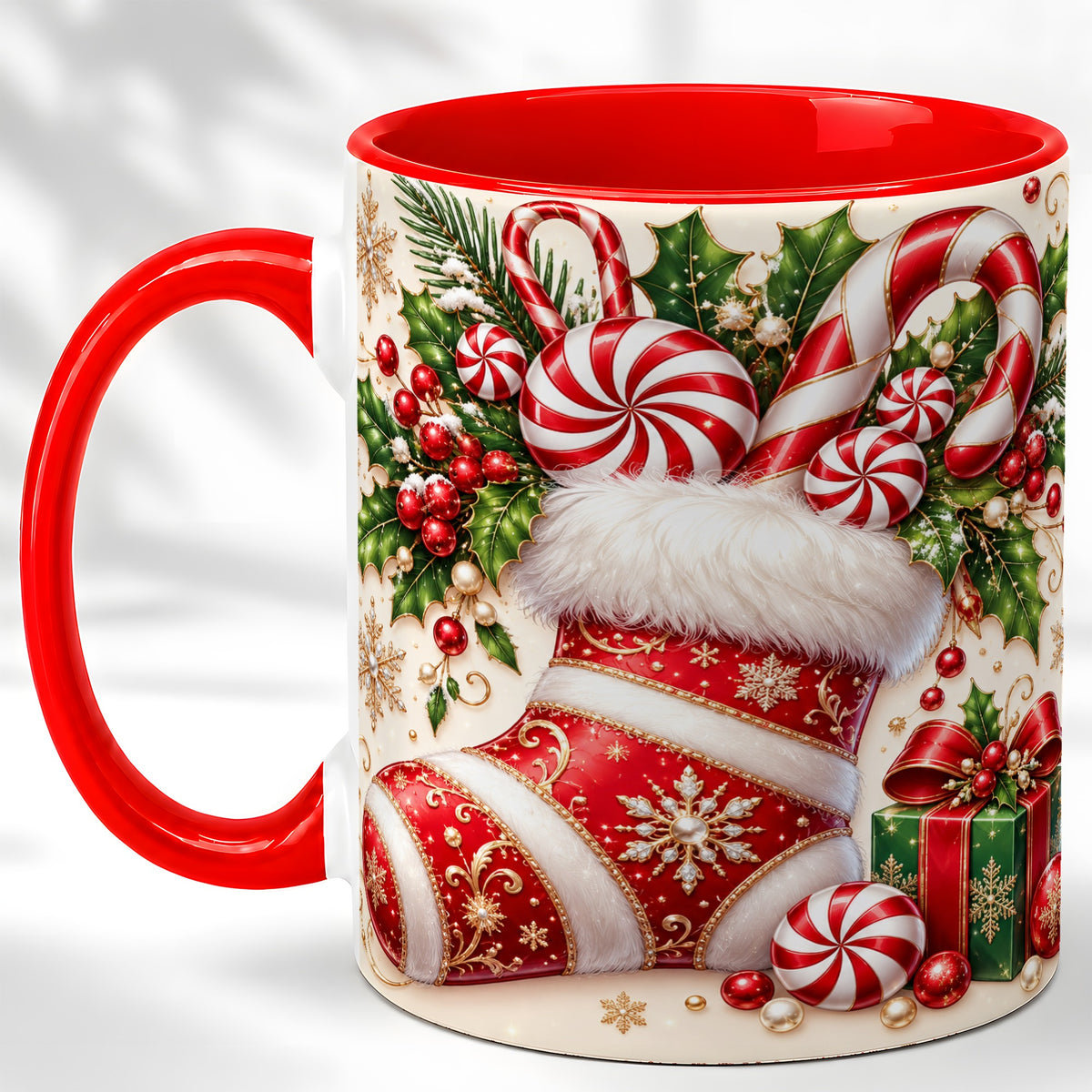 Christmas Stocking Coffee Mug, Candy Cane Mug, Ceramic Cup