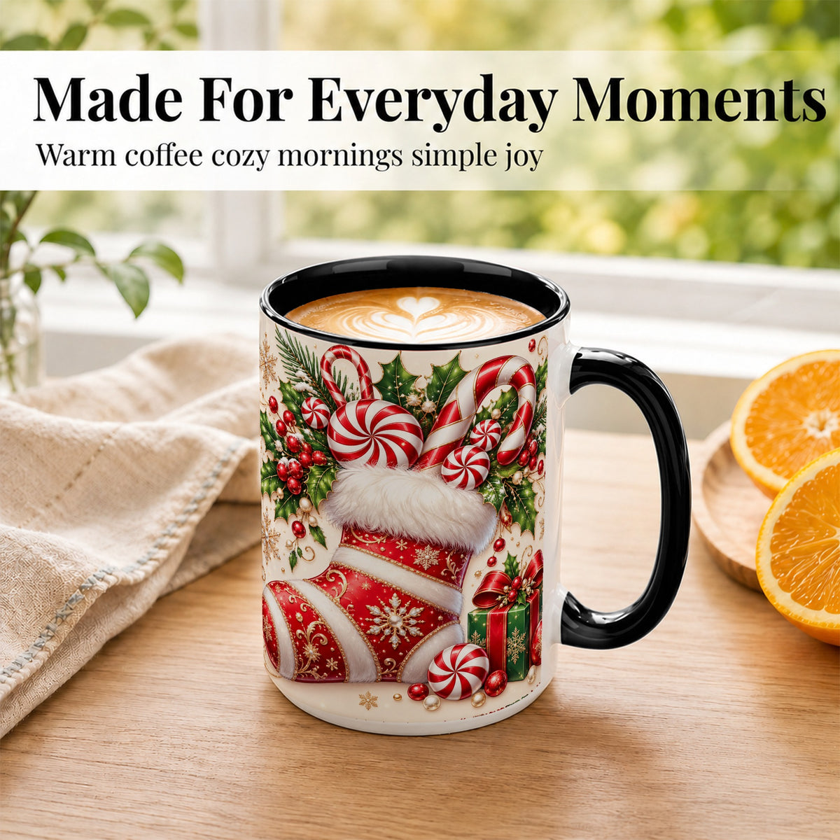 #pl[15oz|Black] Christmas Stocking Coffee Mug, Candy Cane Mug, Ceramic Cup
