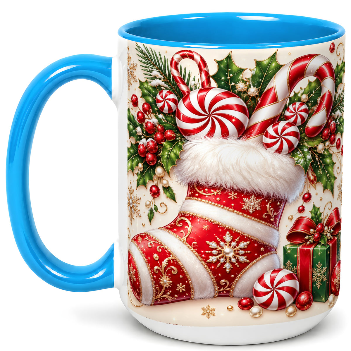 #pl[15oz|Blue] Christmas Stocking Coffee Mug, Candy Cane Mug, Ceramic Cup