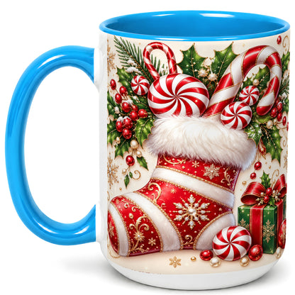 #pl[15oz|Blue] Christmas Stocking Coffee Mug, Candy Cane Mug, Ceramic Cup