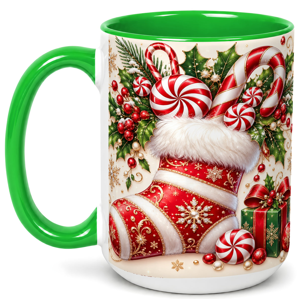 #pl[15oz|Green] Christmas Stocking Coffee Mug, Candy Cane Mug, Ceramic Cup