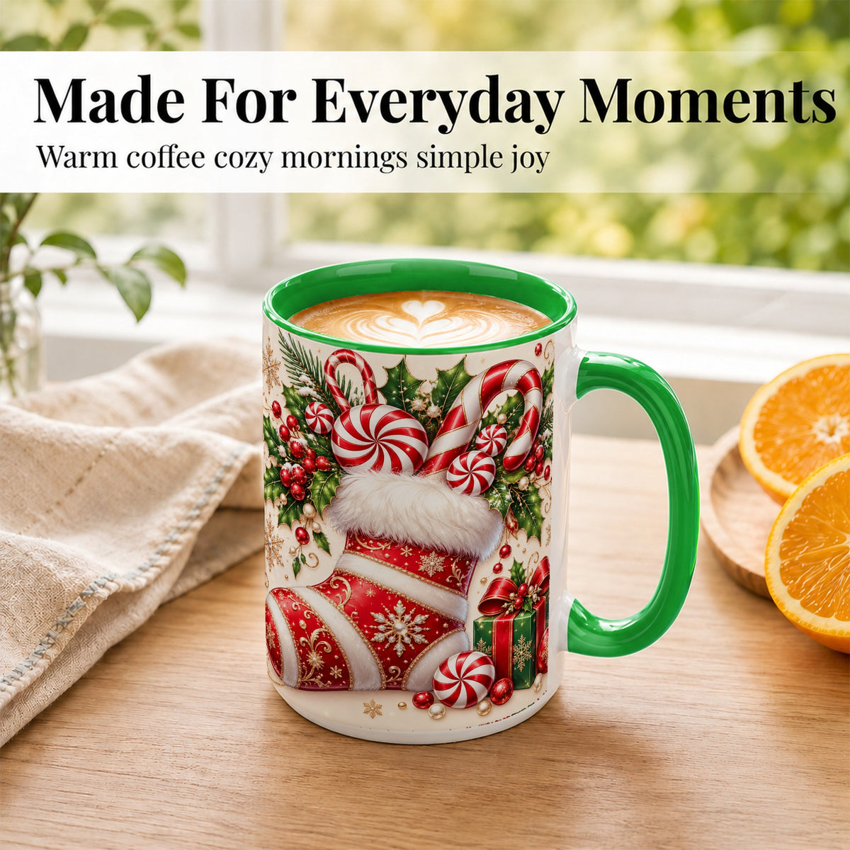 #pl[15oz|Green] Christmas Stocking Coffee Mug, Candy Cane Mug, Ceramic Cup