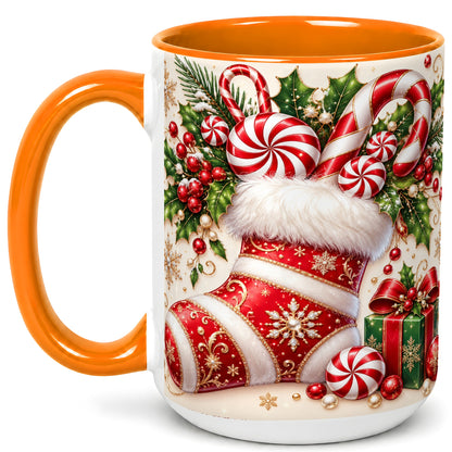 #pl[15oz|Orange] Christmas Stocking Coffee Mug, Candy Cane Mug, Ceramic Cup