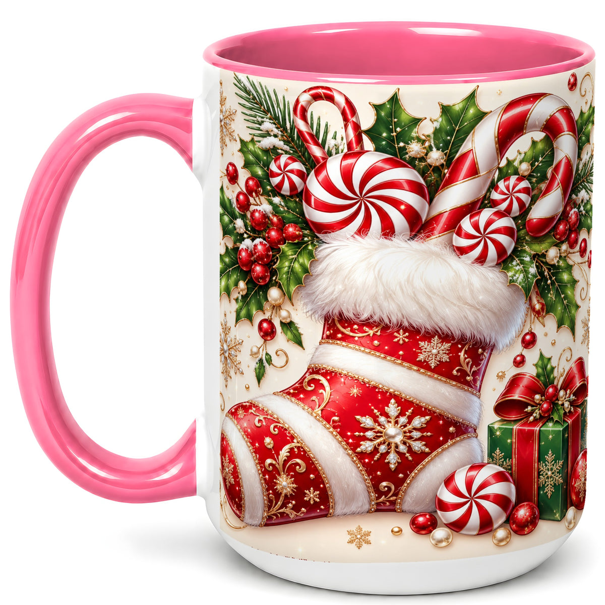 #pl[15oz|Pink] Christmas Stocking Coffee Mug, Candy Cane Mug, Ceramic Cup