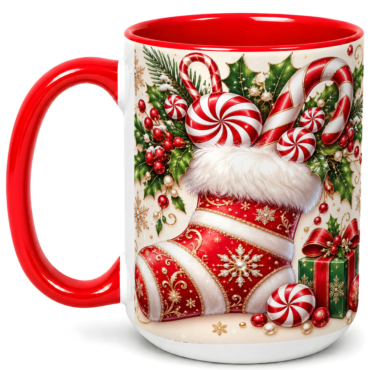#pl[15oz|Red] Christmas Stocking Coffee Mug, Candy Cane Mug, Ceramic Cup