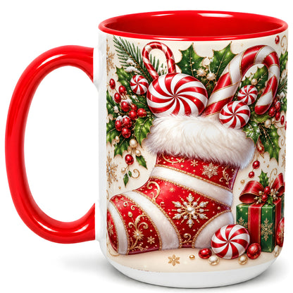 #pl[15oz|Red] Christmas Stocking Coffee Mug, Candy Cane Mug, Ceramic Cup