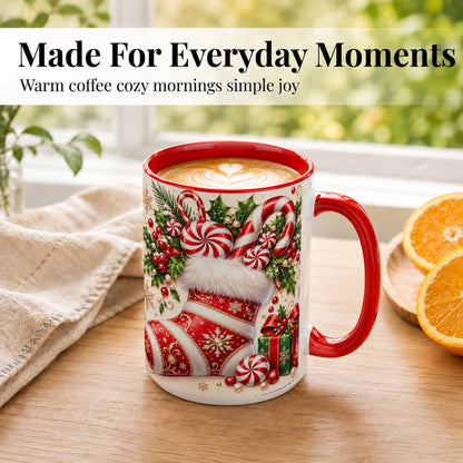 #pl[15oz|Red] Christmas Stocking Coffee Mug, Candy Cane Mug, Ceramic Cup