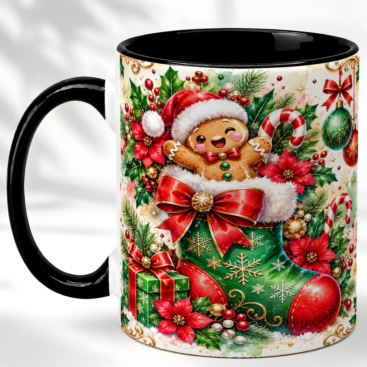 #pl[11oz|Black] Gingerbread Stocking Coffee Mug, Christmas Mug, Ceramic Cup