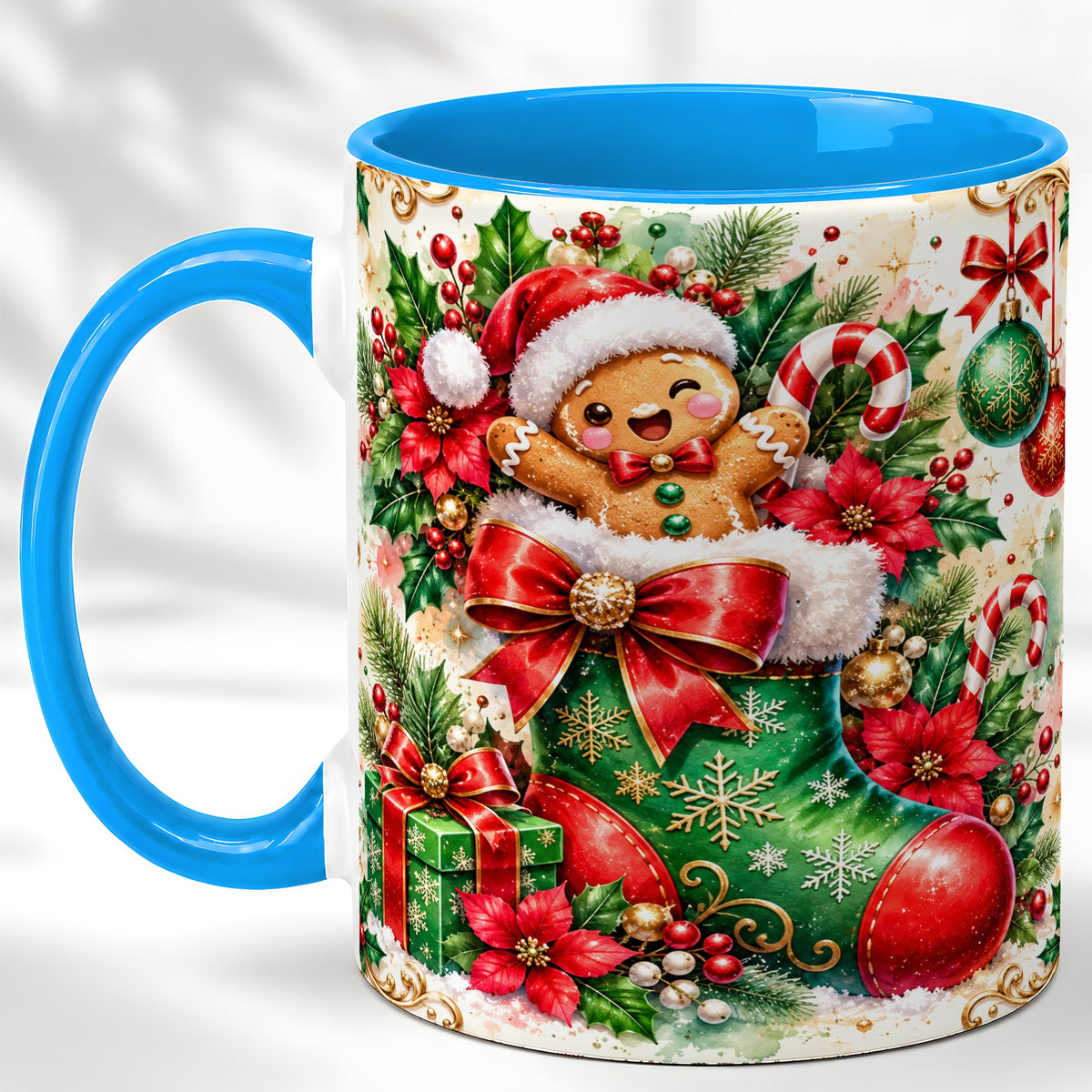 #pl[11oz|Blue] Gingerbread Stocking Coffee Mug, Christmas Mug, Ceramic Cup