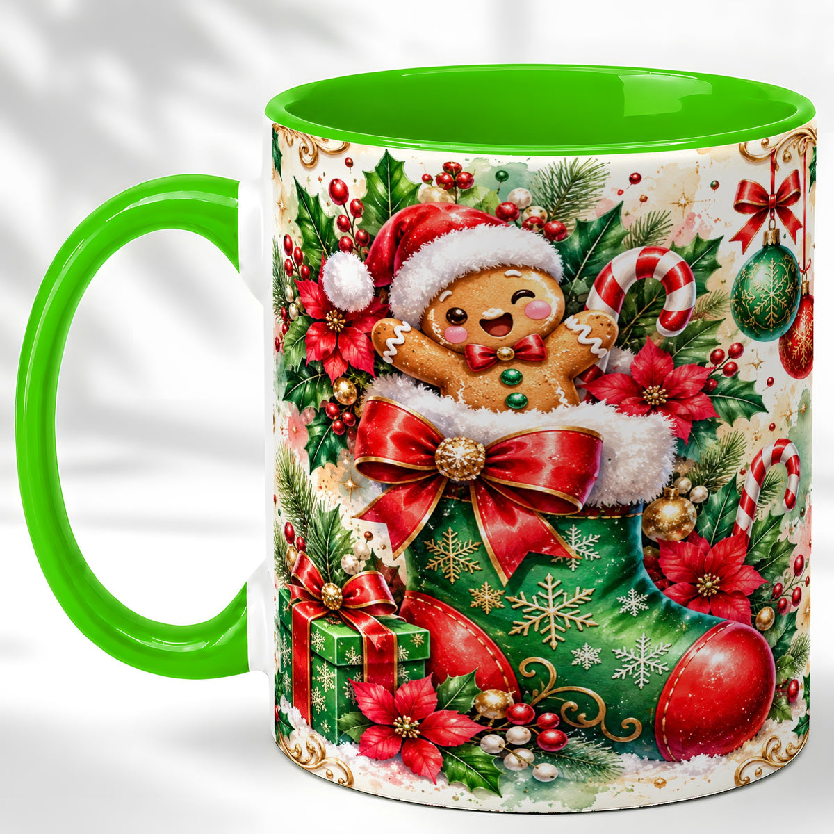 #pl[11oz|Green] Gingerbread Stocking Coffee Mug, Christmas Mug, Ceramic Cup