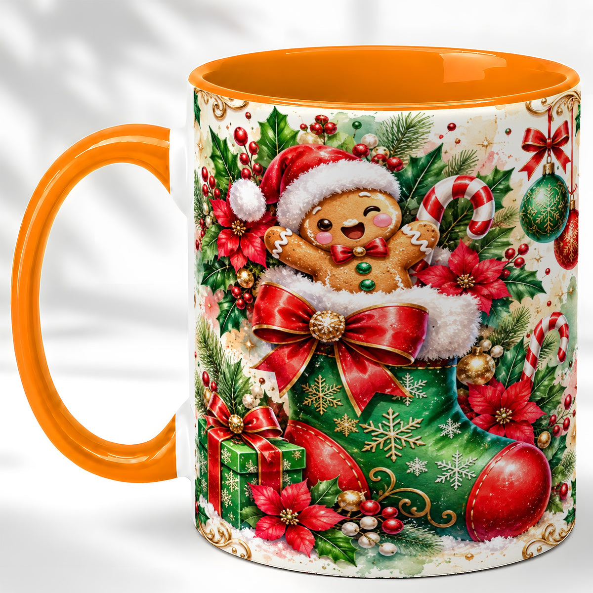 #pl[11oz|Orange] Gingerbread Stocking Coffee Mug, Christmas Mug, Ceramic Cup
