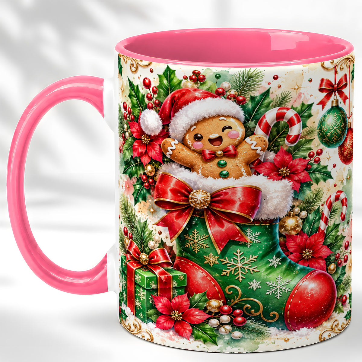 #pl[11oz|Pink] Gingerbread Stocking Coffee Mug, Christmas Mug, Ceramic Cup