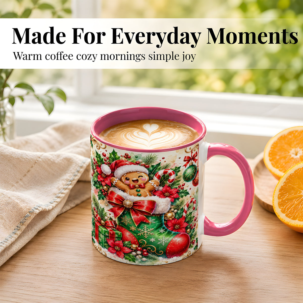 #pl[11oz|Pink] Gingerbread Stocking Coffee Mug, Christmas Mug, Ceramic Cup