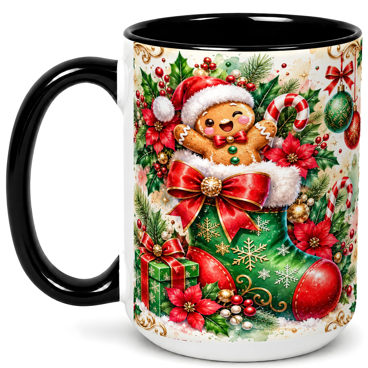 #pl[15oz|Black] Gingerbread Stocking Coffee Mug, Christmas Mug, Ceramic Cup