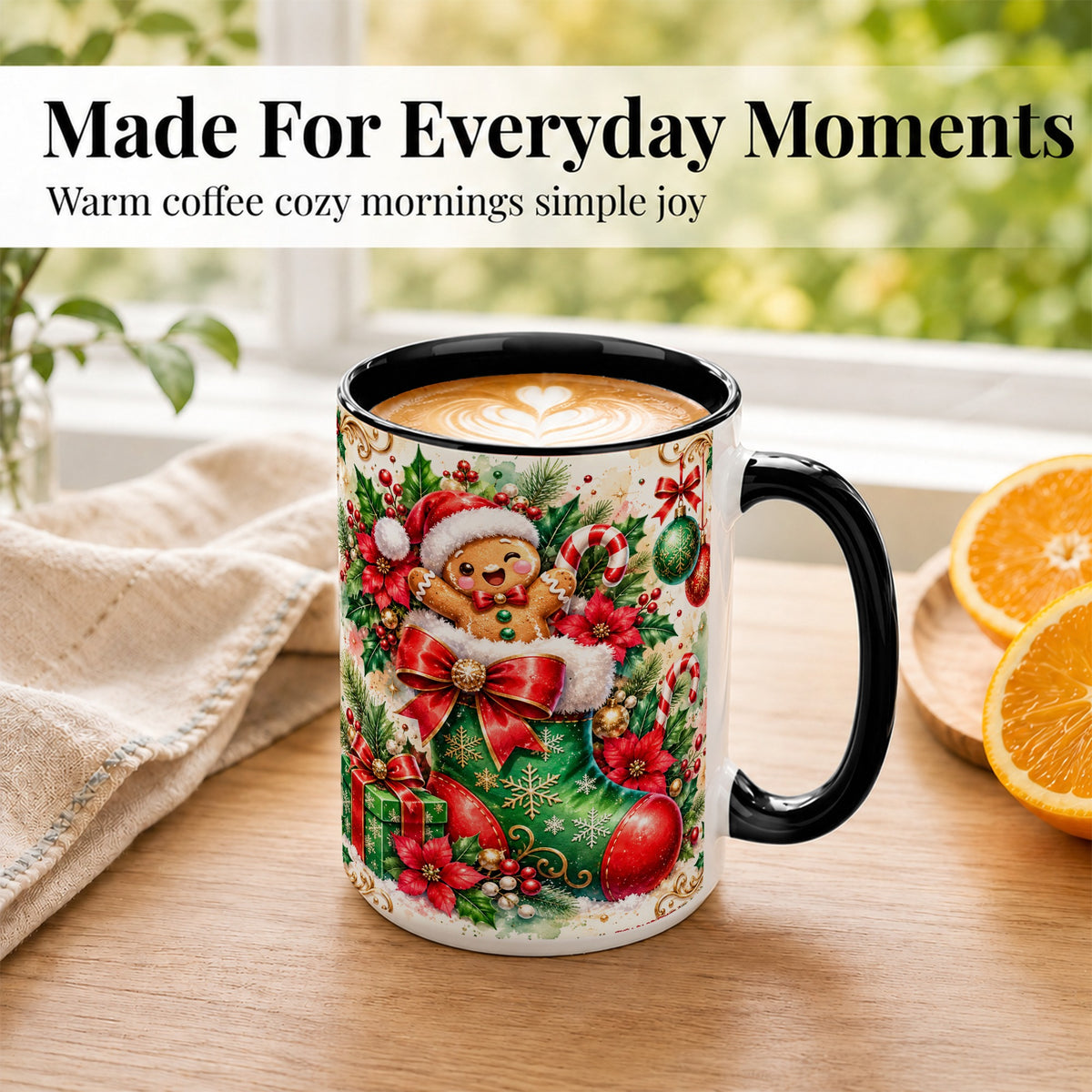 #pl[15oz|Black] Gingerbread Stocking Coffee Mug, Christmas Mug, Ceramic Cup