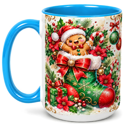 #pl[15oz|Blue] Gingerbread Stocking Coffee Mug, Christmas Mug, Ceramic Cup