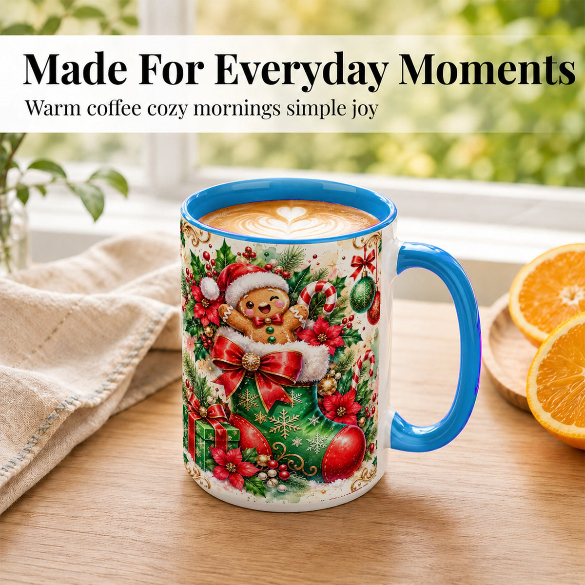 #pl[15oz|Blue] Gingerbread Stocking Coffee Mug, Christmas Mug, Ceramic Cup