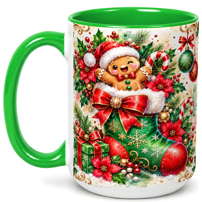 #pl[15oz|Green] Gingerbread Stocking Coffee Mug, Christmas Mug, Ceramic Cup