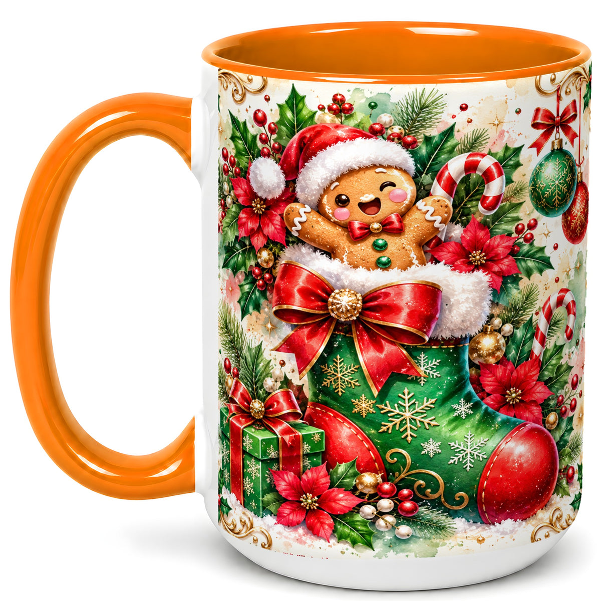 #pl[15oz|Orange] Gingerbread Stocking Coffee Mug, Christmas Mug, Ceramic Cup