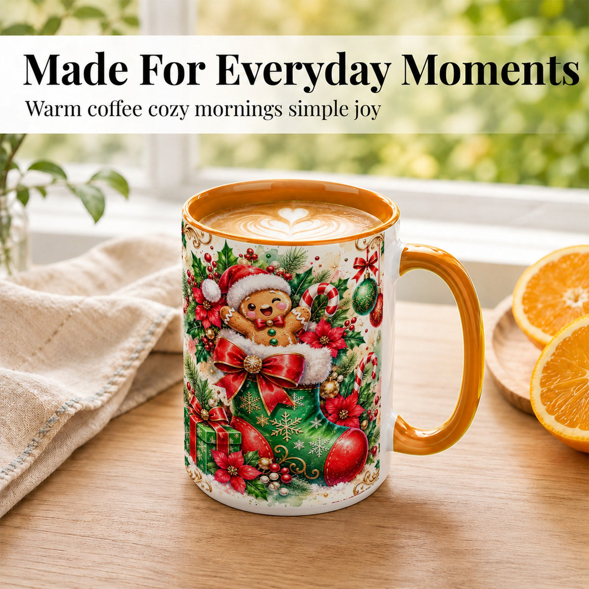 #pl[15oz|Orange] Gingerbread Stocking Coffee Mug, Christmas Mug, Ceramic Cup
