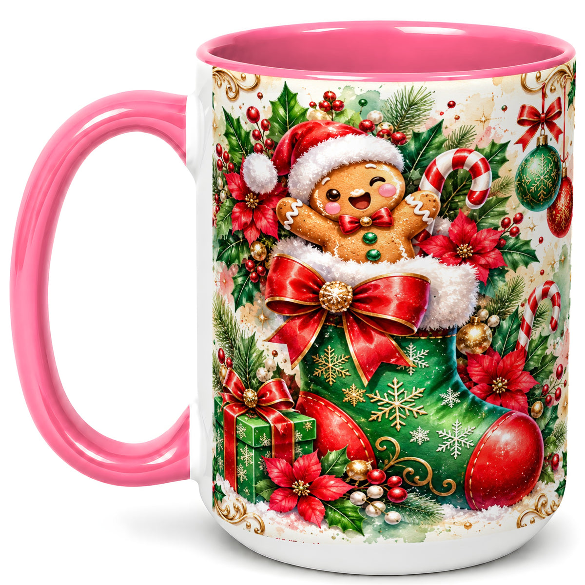 #pl[15oz|Pink] Gingerbread Stocking Coffee Mug, Christmas Mug, Ceramic Cup