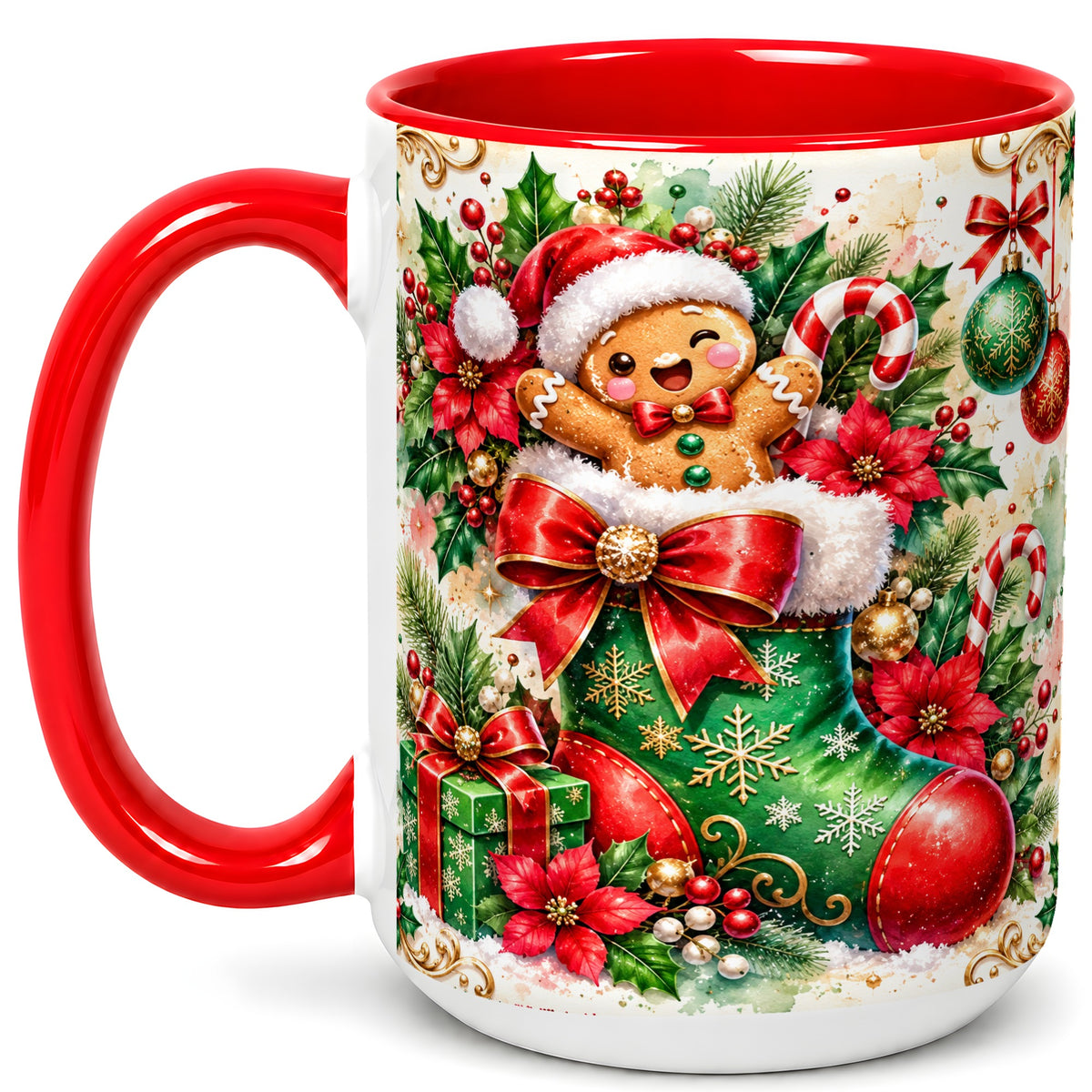 #pl[15oz|Red] Gingerbread Stocking Coffee Mug, Christmas Mug, Ceramic Cup