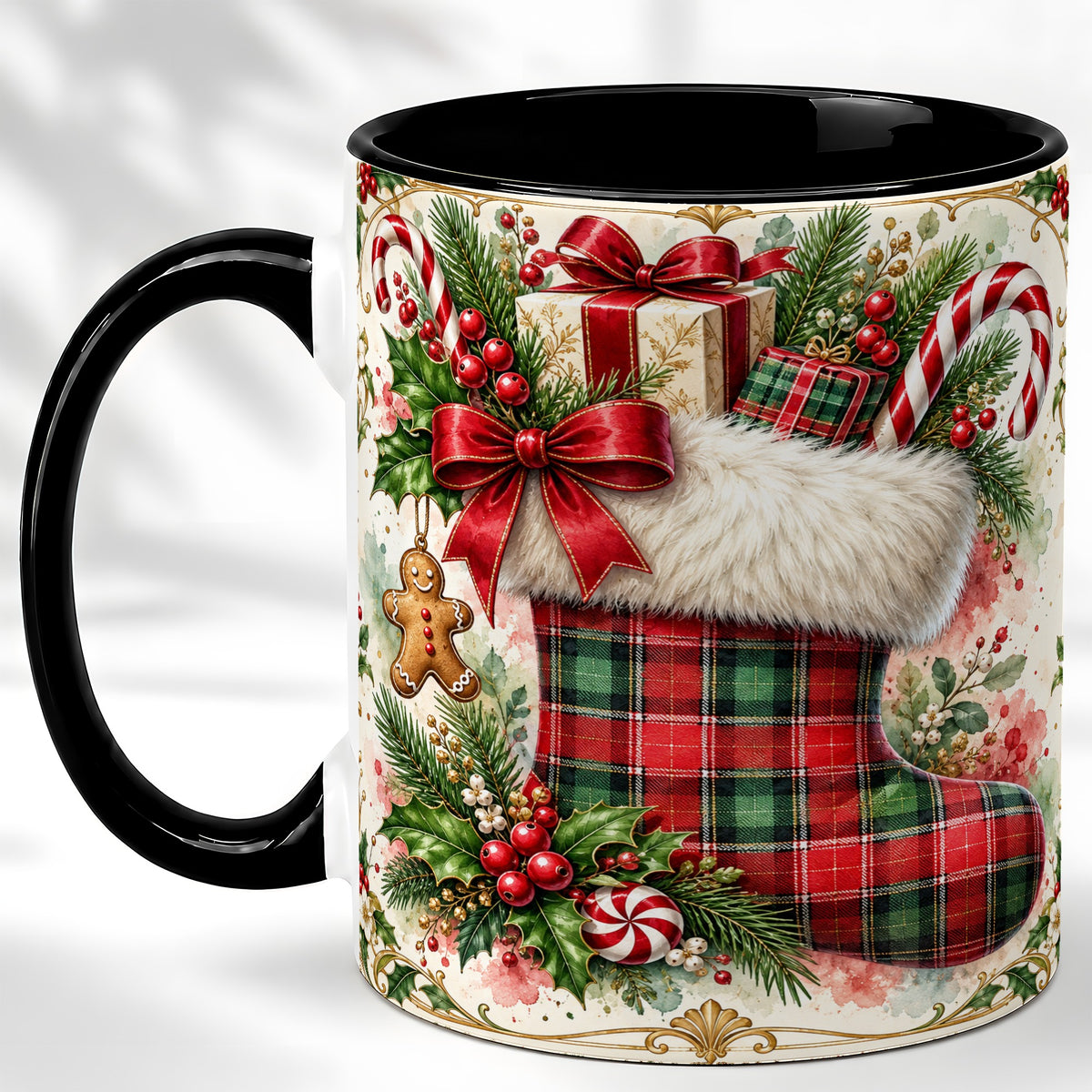 #pl[11oz|Black] Plaid Christmas Stocking Coffee Mug, Holiday Mug, Ceramic Cup