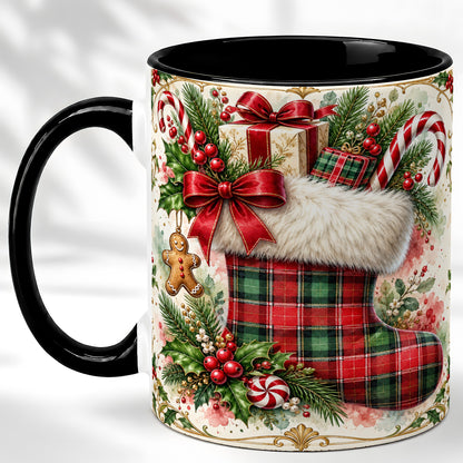 #pl[11oz|Black] Plaid Christmas Stocking Coffee Mug, Holiday Mug, Ceramic Cup