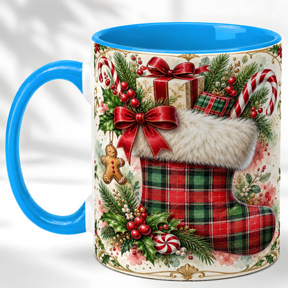 #pl[11oz|Blue] Plaid Christmas Stocking Coffee Mug, Holiday Mug, Ceramic Cup