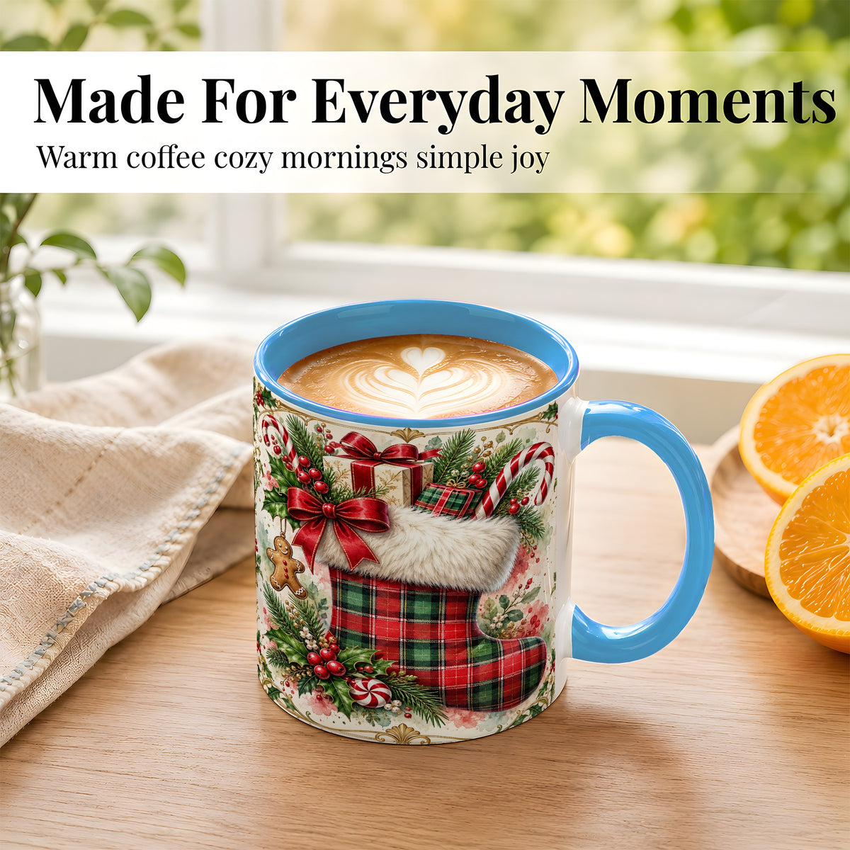 #pl[11oz|Blue] Plaid Christmas Stocking Coffee Mug, Holiday Mug, Ceramic Cup